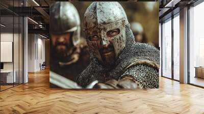 Medieval infantryman holding sword in front of army, ready for battle Wall mural