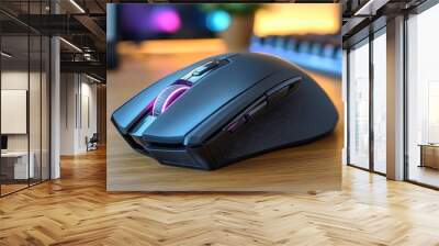 Modern gaming mouse resting on wooden desk with rgb lighting Wall mural