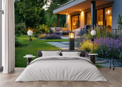 Modern garden lighting illuminating backyard of luxury home at dusk Wall mural