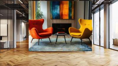 Modern living room interior with two colorful armchairs facing fireplace Wall mural