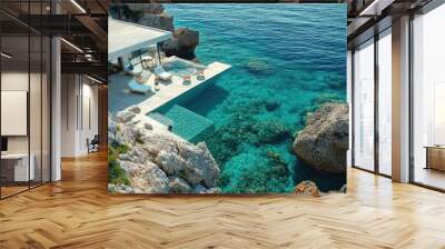 Modern luxury villa overlooking turquoise sea with infinity pool Wall mural