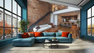 Modern open plan loft apartment with exposed brick wall and metal staircase Wall mural