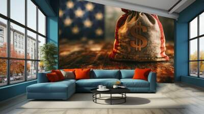 Money bag with us dollar sign on rustic wood surface with american flag Wall mural