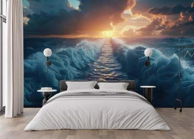 Ocean separate up to form canal. Bible miracle of Moses parting red sea for passage Wall mural