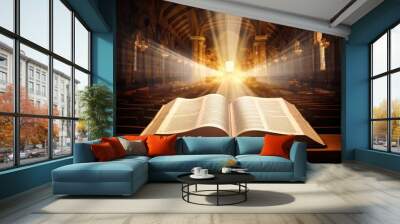 Open holy bible book with glowing lights in church Wall mural