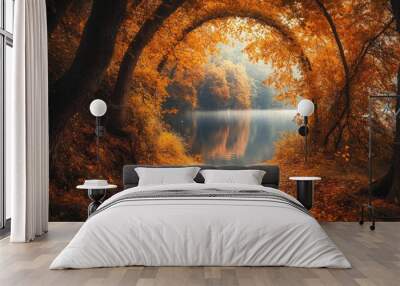 Pathway leading through golden forest to serene lake in autumn Wall mural