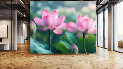 Pink lotus flowers growing in pond at sunset Wall mural