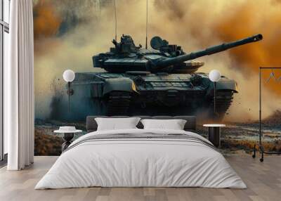 Powerful heavy military tank driving on battlefield and raising dust at sunset Wall mural