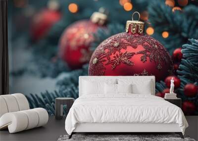 Red christmas balls decorating snowy fir tree branches with warm lights bokeh Wall mural