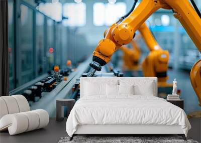 Robotic arm for electronic assembly line. Smart modern factory automation using advanced machines. Wall mural