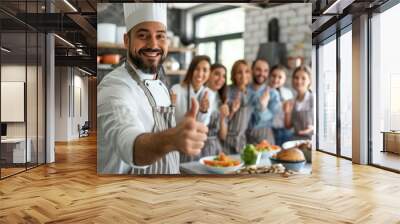 Smiling chef with a thumb up behind a festive dining table full of dishes Wall mural