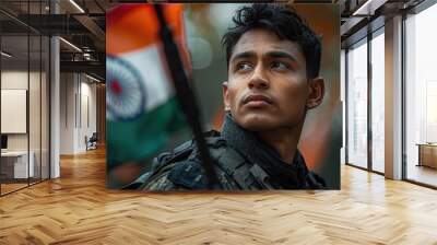 Soldier with facial paint stands in front of waving Indian flag. Wall mural