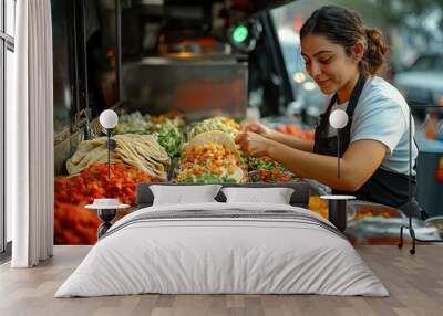 Street food vendor preparing tacos in food truck Wall mural