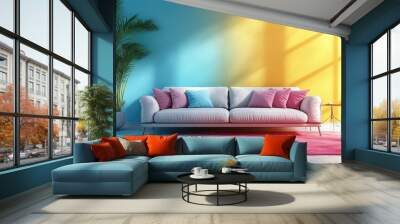 Sunlight casting shadows on a blue and yellow wall in a modern living room interior Wall mural