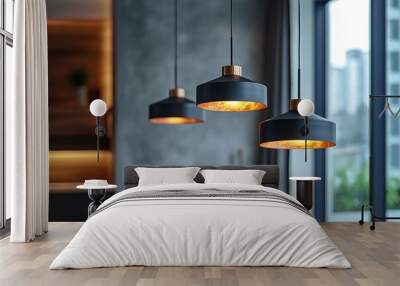 Three black and gold hanging lamps illuminating a modern living room Wall mural