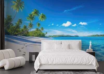 Tropical paradise beach with white sand with footprints and crystal clear blue water. Generative AI Wall mural