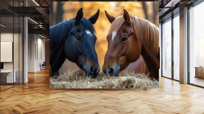 Two beautiful horses eating hay in autumn landscape Wall mural