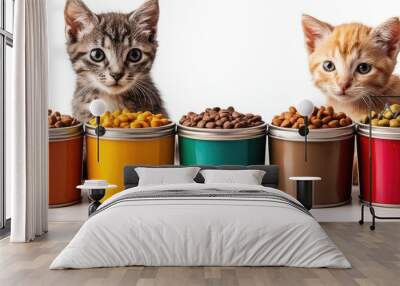 Two kittens sitting behind a row of colorful cans full of dry food Wall mural