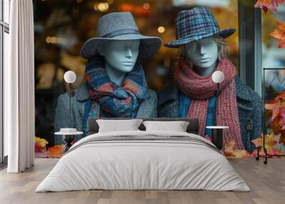 Two mannequins wearing hats and scarves for autumn fashion Wall mural