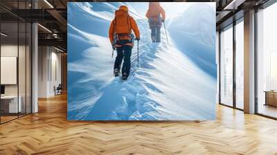 Two mountain climbers walking on a snowy ridge towards the summit Wall mural