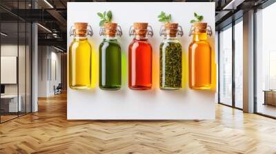 Various cooking oil bottles with spices and herbs standing on white background Wall mural