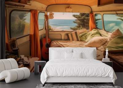 View of the sea and the beach from the interior of a vintage van for traveling. Generative AI Wall mural