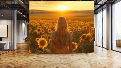 Woman walking in sunflower field at golden hour sunset Wall mural