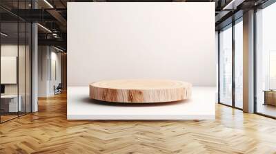 Wooden circular podium in white clean room. Front view - minimalism background for cosmetics, food or jewelry Wall mural