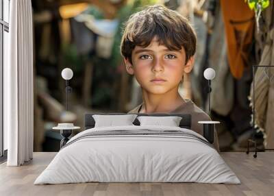 Young refugee boy standing outside in refugee camp Wall mural