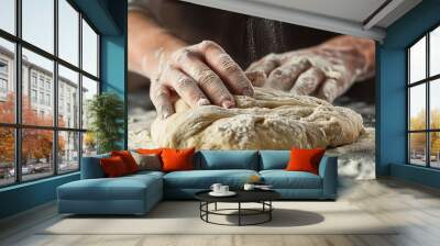 Close-up photo of a Artisan chef's hands working dough. Wall mural