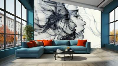 Minimalist abstract line art showcasing the graceful contours of a woman’s face in a monochromatic palette, Wall mural