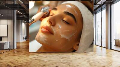 Nurturing women's skin beauty with care, a young lady wears an cosmetic mask on her face in a beauty salon. Wall mural