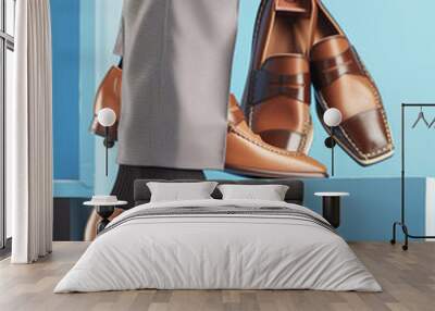 Pair of elegant men's shoes on a shelf in a store, footwear collection, showroom. Wall mural