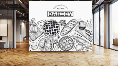 Bread and pastry banner. Vector bakery hand drawn illustration. Vintage design template. Wall mural