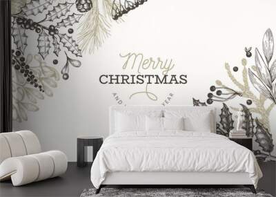 Christmas banner template. Vector hand drawn illustrations. Greeting card design in retro style. Winter background Wall mural