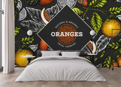 Citrus fruits design template. Hand drawn vector color fruit illustration on dark background. Vintage citrus banner. Wall mural