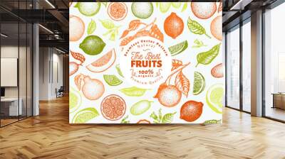 Citrus fruits seamless pattern. Hand drawn vector fruit illustration. Engraved style. Vintage citrus background. Wall mural