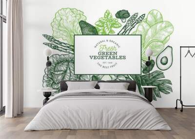 Green vegetables design template. Hand drawn vector food illustration. Engraved style vegetable banner. Retro botanical banner. Wall mural