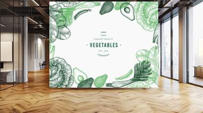 Green vegetables design template. Hand drawn vector food illustration. Engraved style vegetable frame. Retro botanical banner. Wall mural