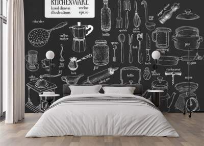 Hand drawn set of different kitchenware. Vector illustrations on chalk board. Kitchen utensils Wall mural