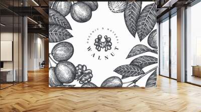 Hand drawn sketch walnut design template. Organic food vector illustration. Retro nut illustration. Engraved style botanical background. Wall mural