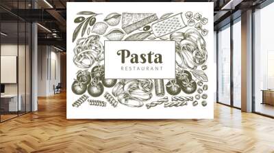 Italian pasta wits additions design template. Hand drawn vector food illustration. Engraved style. Vintage pasta different kinds background. Wall mural