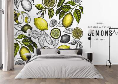 Lemon tree design template. Hand drawn vector fruit illustration. Engraved style banner. Vintage citrus background. Wall mural