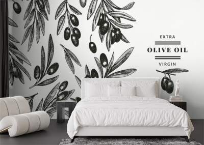 Olive branch design template. Hand drawn vector food illustration. Engraved style mediterranean plant. Retro botanical picture. Wall mural