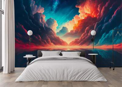 A man rows a boat through a colorful beautiful cloud in outer space, illustration digital generative ai design art style Wall mural