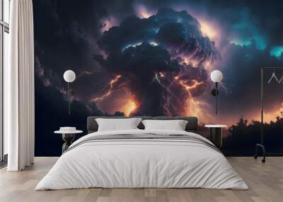 A storm with dark, towering clouds and lightning turning upwards, cinematic,  illustration digital generative ai design art style Wall mural