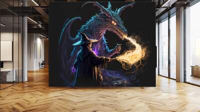 Black wizard with magic wand,  summoning the dragon, illustration digital generative ai design art style Wall mural