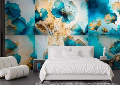 blue gold flower watercolor background, painting collection, illustration generative ai  Wall mural