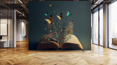 butterfly flying out of a book, dark background, concept  fantasy reading world story,  illustration digital generative ai design art style Wall mural