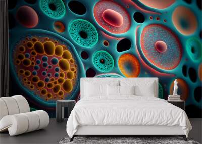 Cells under microscope. Microbiology concept, biology background, Biotechnology, digital generative ai 3D Render style Wall mural